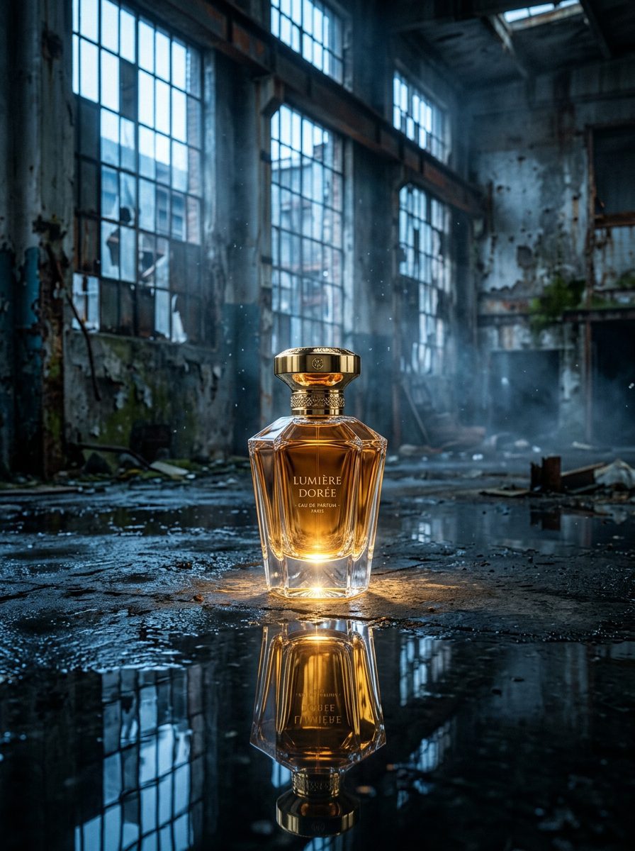 Surreales Produktbild Parfum, Parfum-Flasche in verlassenem Industrial-Gebäude mit Wasserlachen