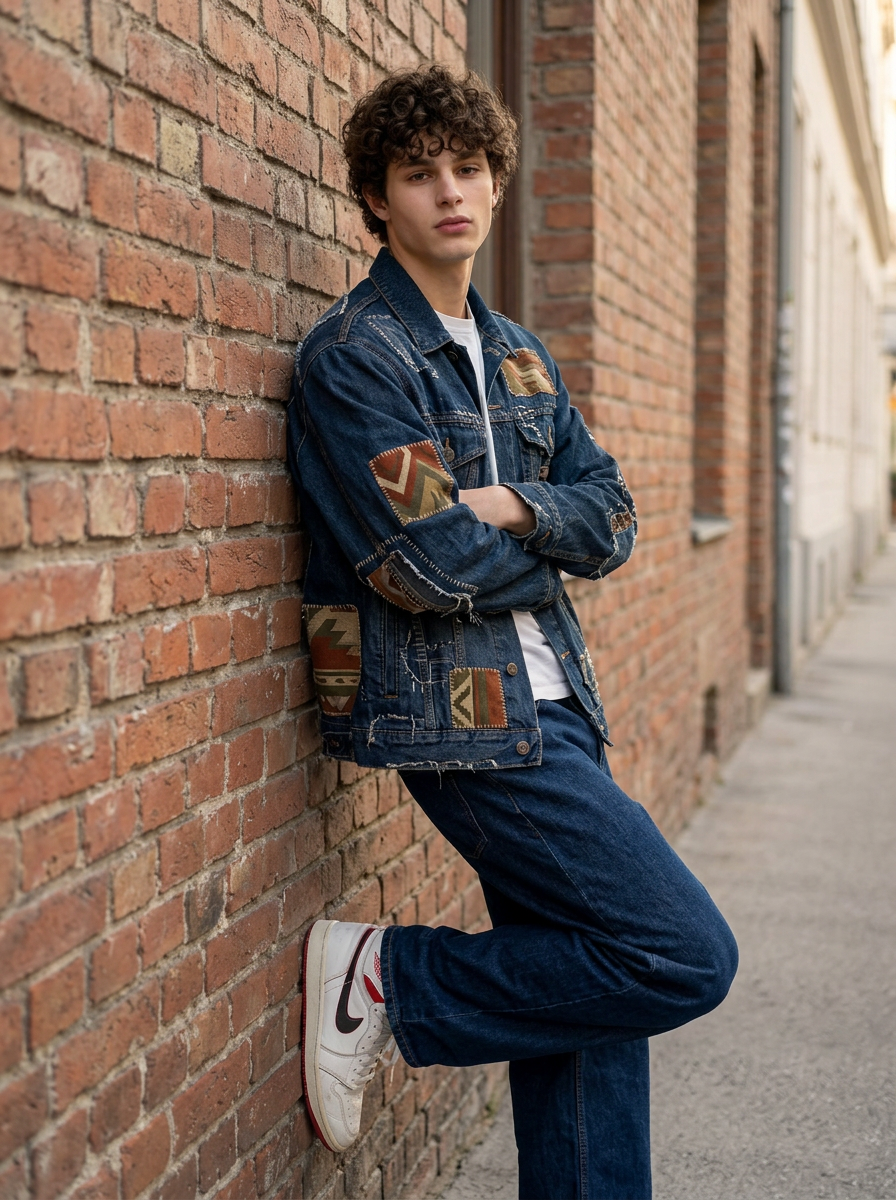Produktbild Streetwear, junger Mann mit dunklen Locken in custom Jeansjacke an Backsteinwand