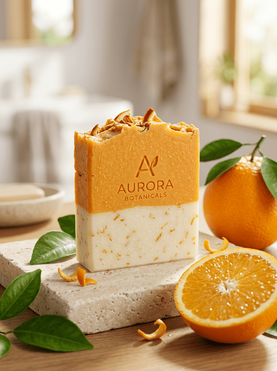 Handgemachte Orangenseife mit frischer Orange und Orangenblättern, KI-Produktbild für Kosmetik-Manufakturen