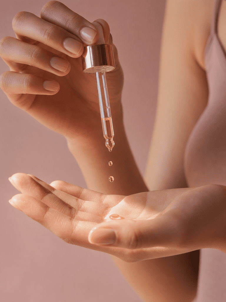 Produktbild Kosmetik Close-up, Hand mit Pipette und goldenem Serum-Tropfen auf dusty rose Hintergrund