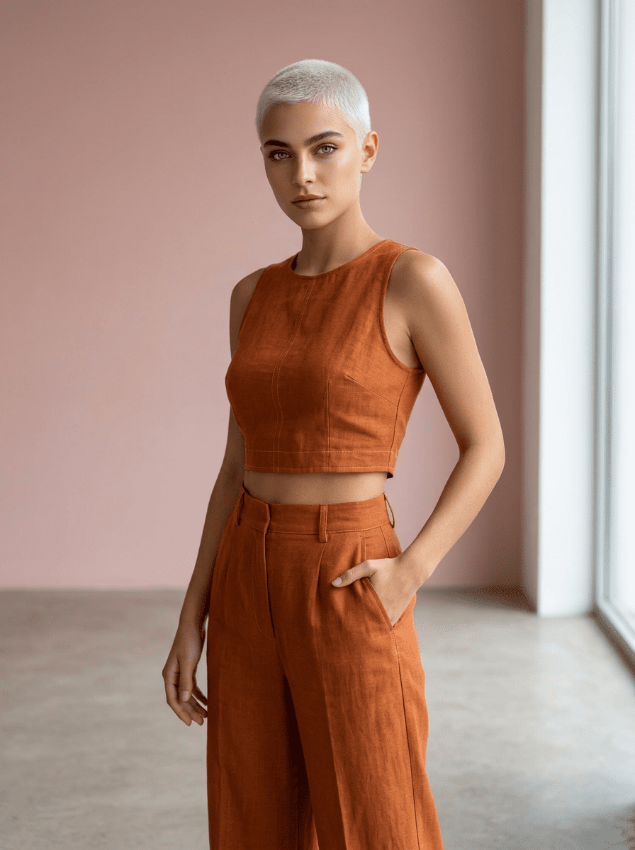 Produktbild Mode, Frau mit Buzzcut in rust-orange Co-Ord Set, dusty pink Wand