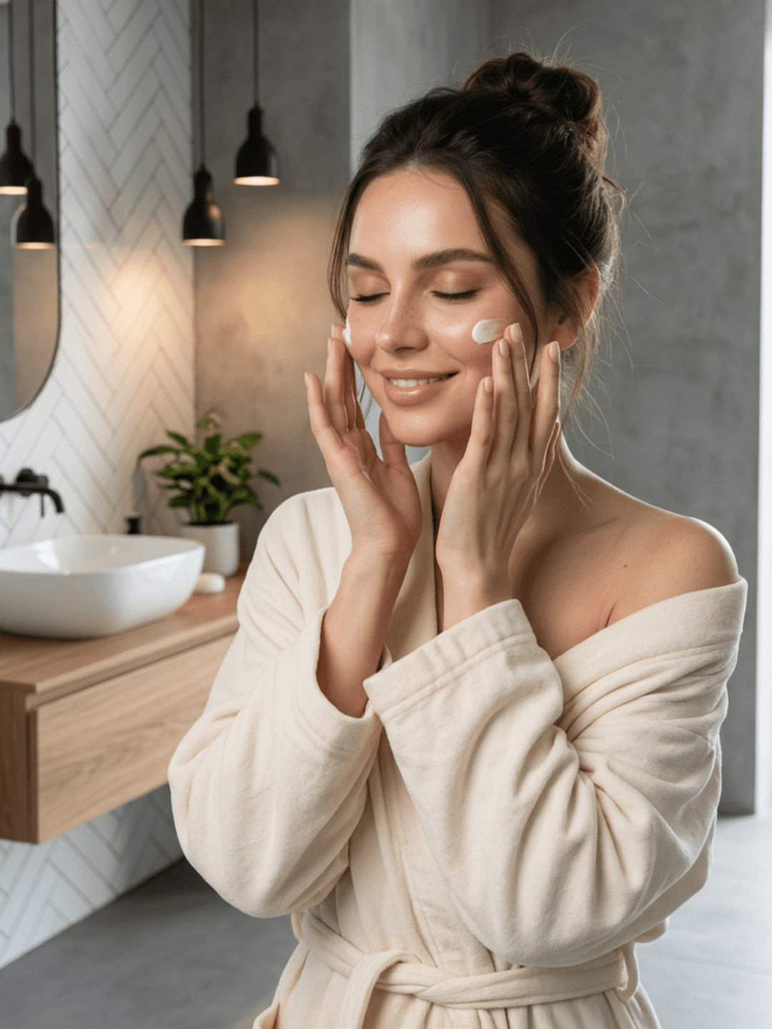 Produktbild Kosmetik, Frau bei Skincare-Routine im modernen grauen Beton-Bad