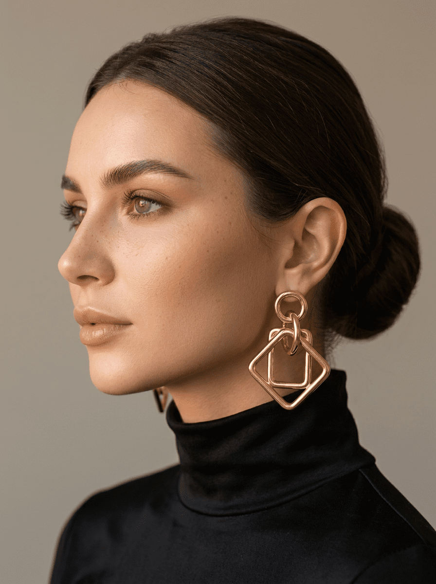 Produktbild Schmuck, Frau im Profil mit goldenen Statement-Ohrringen, schwarzer Turtleneck