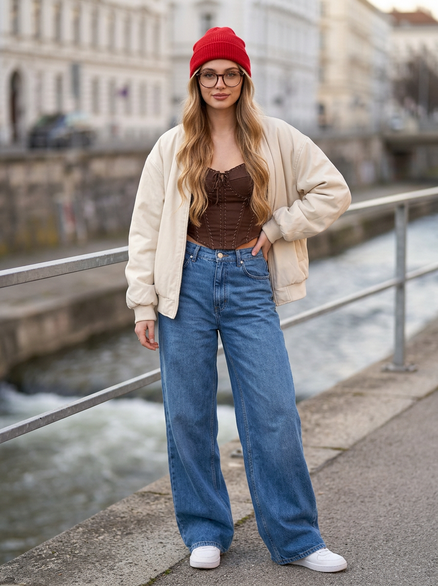 Junge Frau in DIY-Korsett, roter Haube und Baggy-Jeans am Wienfluss, KI-Produktbild für selbstgenähte Mode