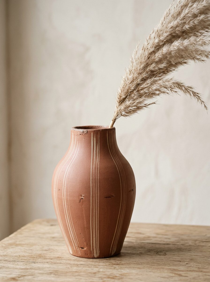 Produktbild Keramik, handgemachte Terracotta-Vase mit cremigen Streifen und Pampasgras