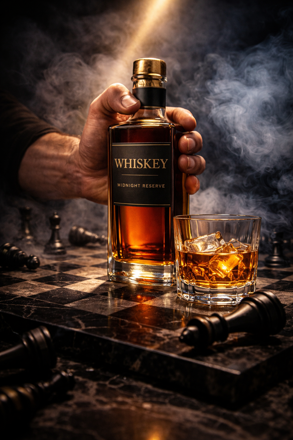 Whiskey-Flasche und gefülltes Glas auf Schachbrett mit Rauch, KI-Produktbild für Spirituosen-Manufakturen