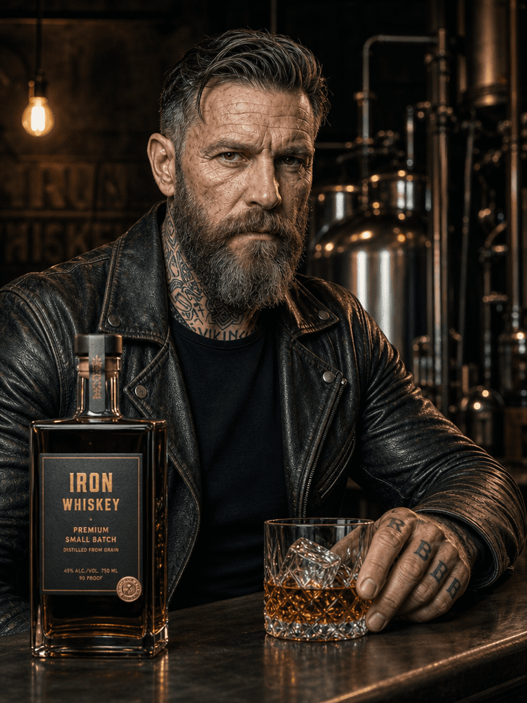 Produktbild Whiskey, Mann mit Bart in moderner Brennerei mit Whiskey-Flasche und Tumbler