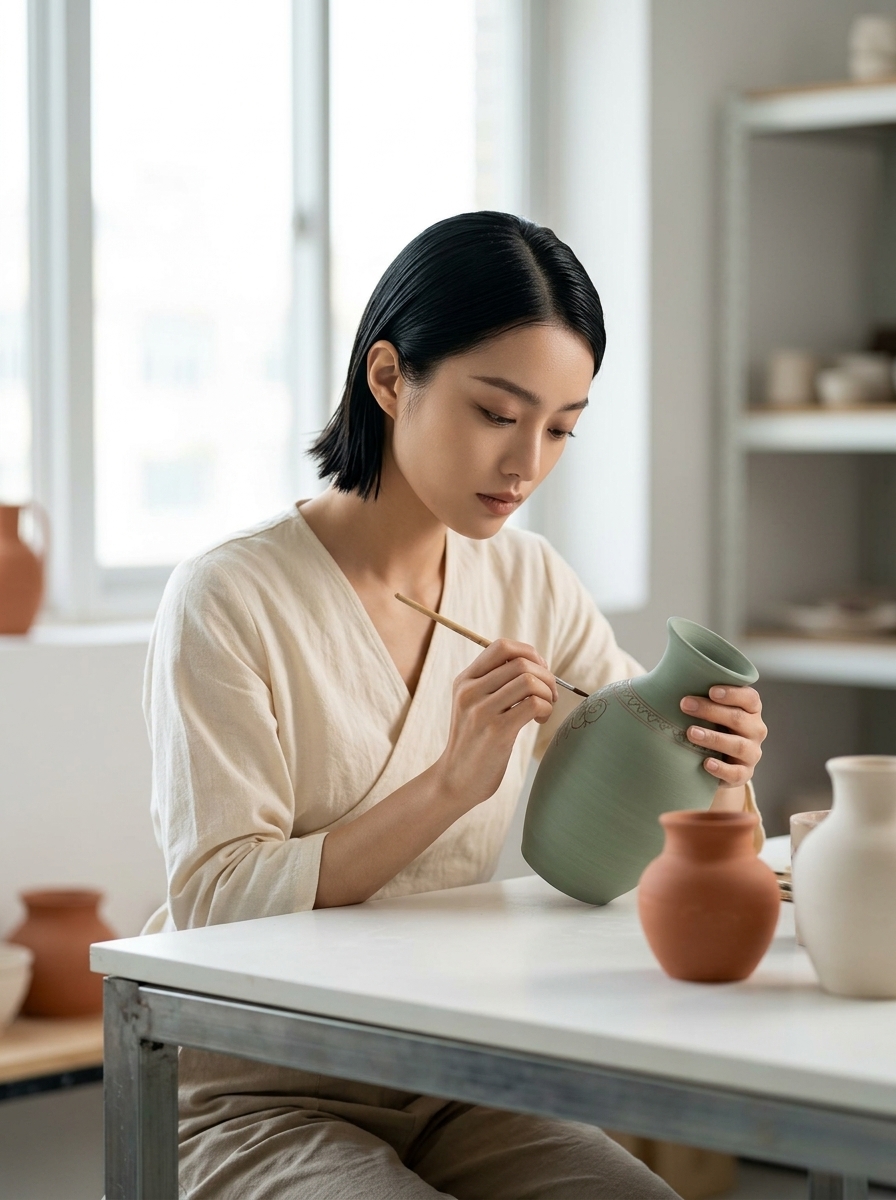 Produktbild Keramik, junge Keramikerin bemalt Vase in modernem hellem Studio