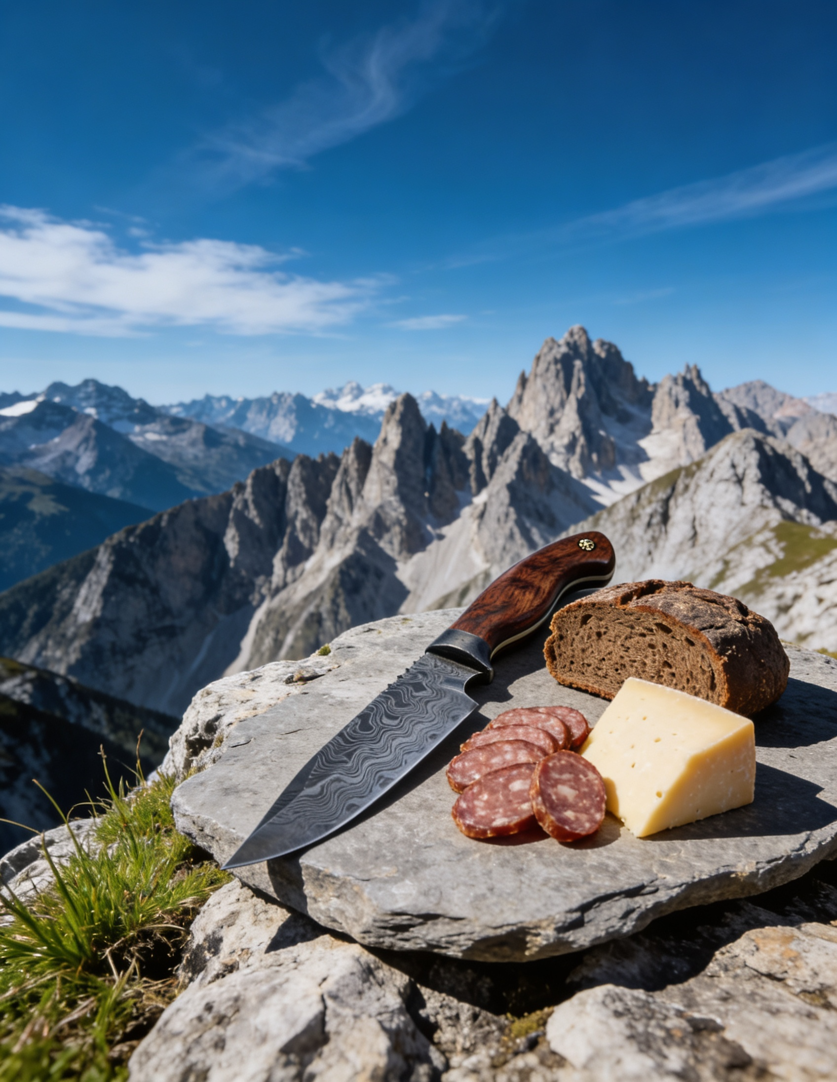 Damast-Messer in den Bergen mit Brotzeit