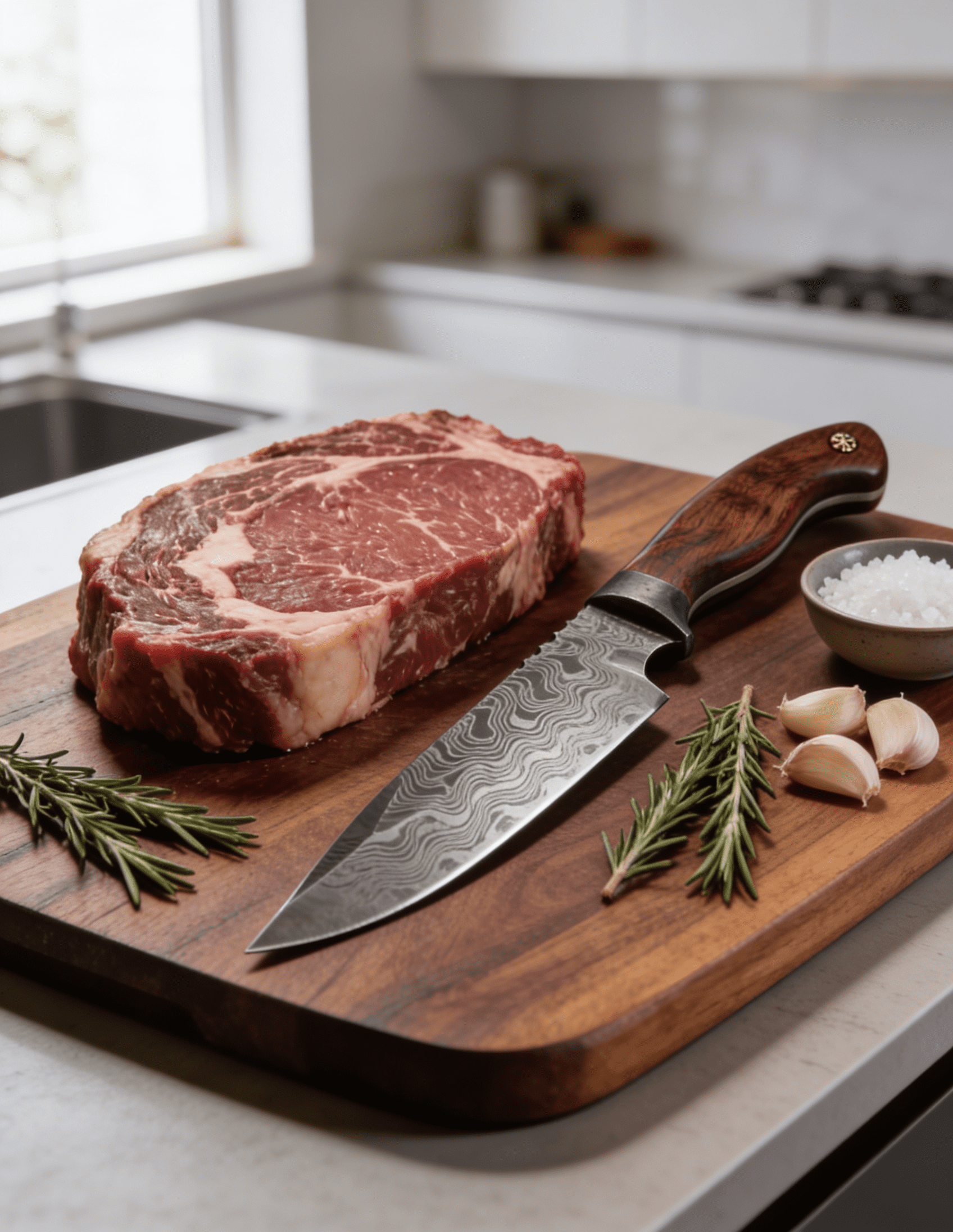 Damast-Messer auf Holzbrett mit Steak