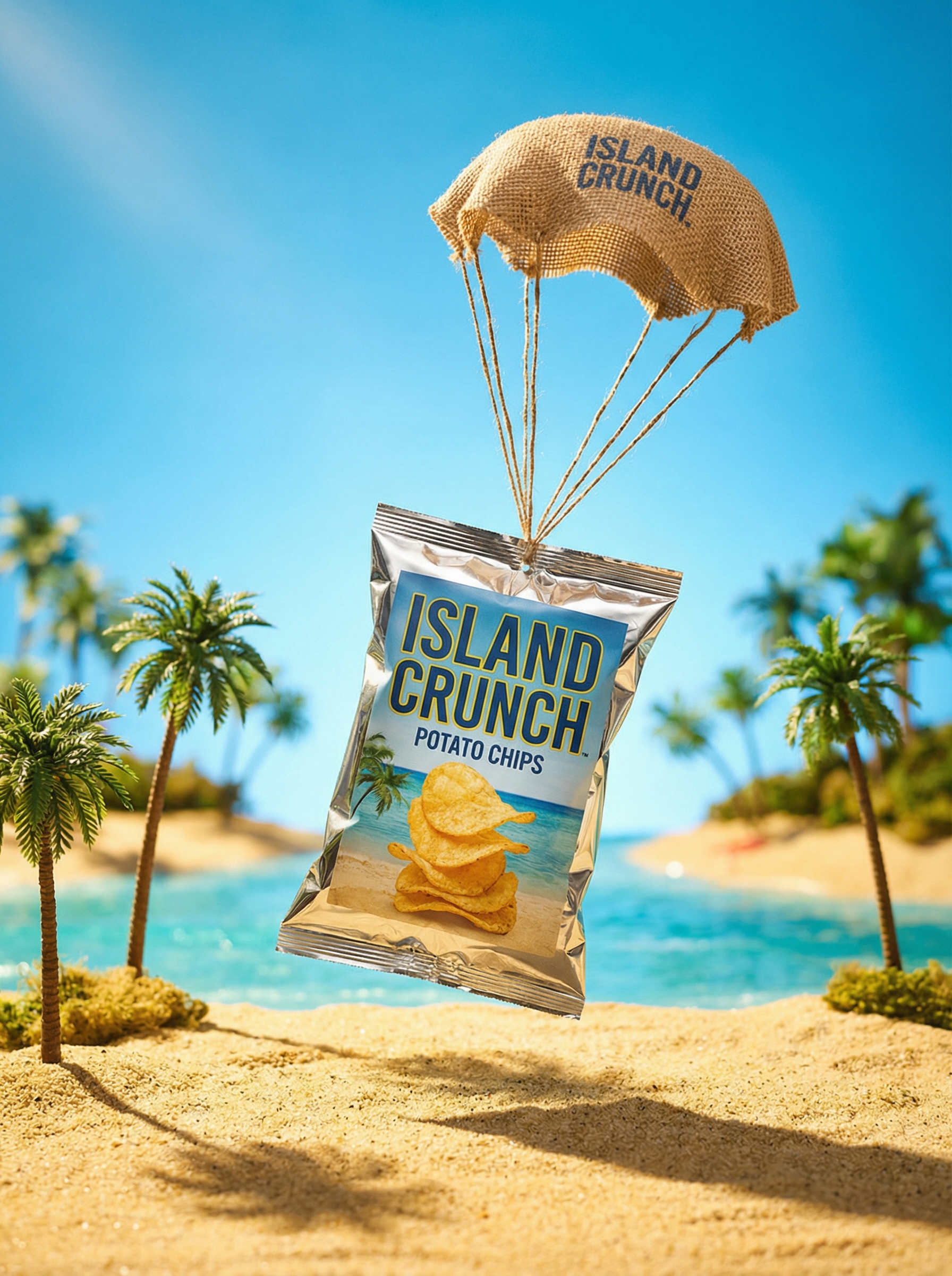 Chip-Tüte mit Fallschirm fliegt über tropischen Mini-Strand, surreales KI-Produktbild für mutige Marken