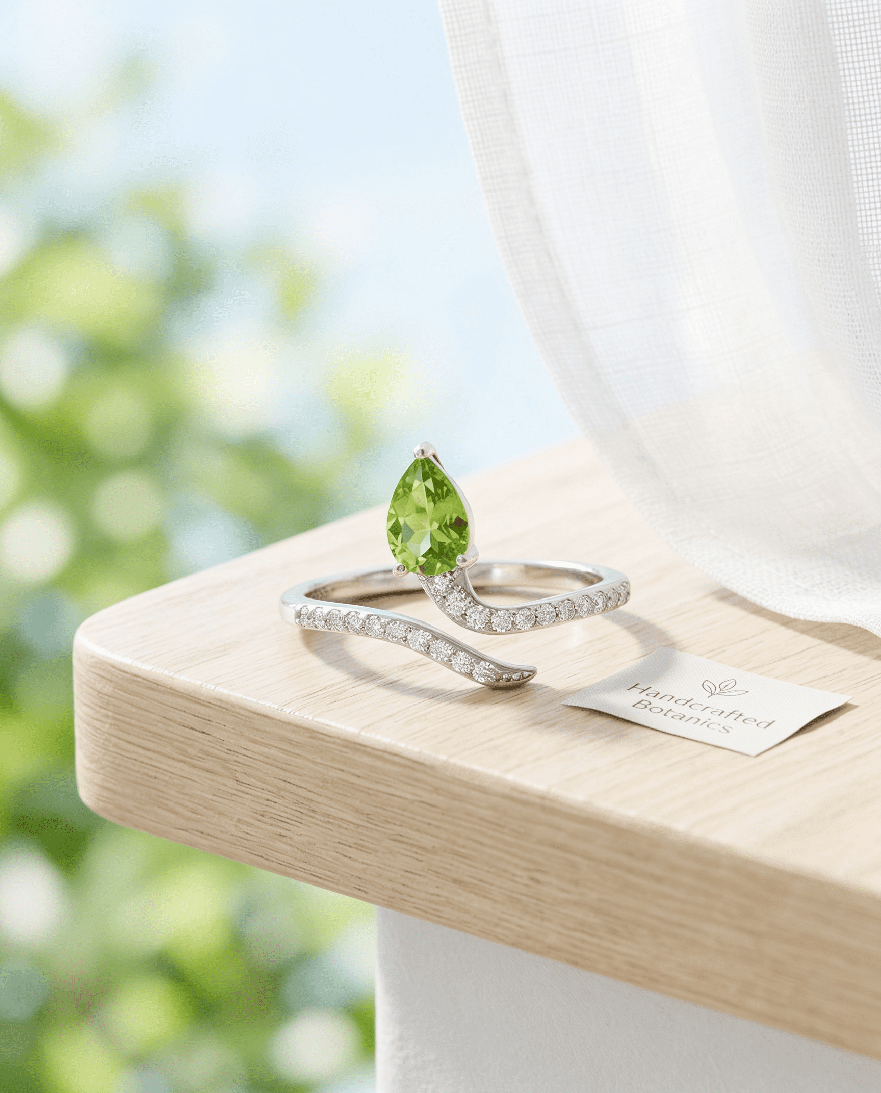 Silberring mit grünem Tropfenstein und feinen Pavé-Diamanten auf hellem Holz in klarer minimalistischer Aufnahme