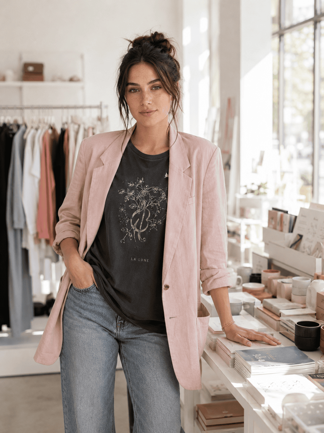Ladenbesitzerin im hellen Concept Store mit Kleiderständern, KI-generiertes Bild für kleine Läden und Boutiquen