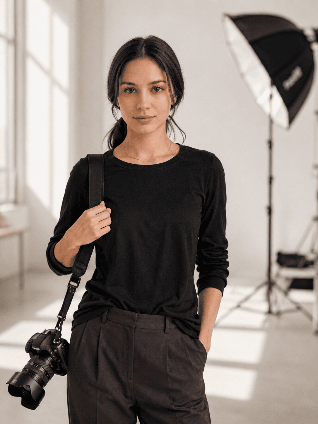 Fotografin mit Kamera im hellen modernen Studio, KI-generiertes Bild für Fotografie-Dienstleister