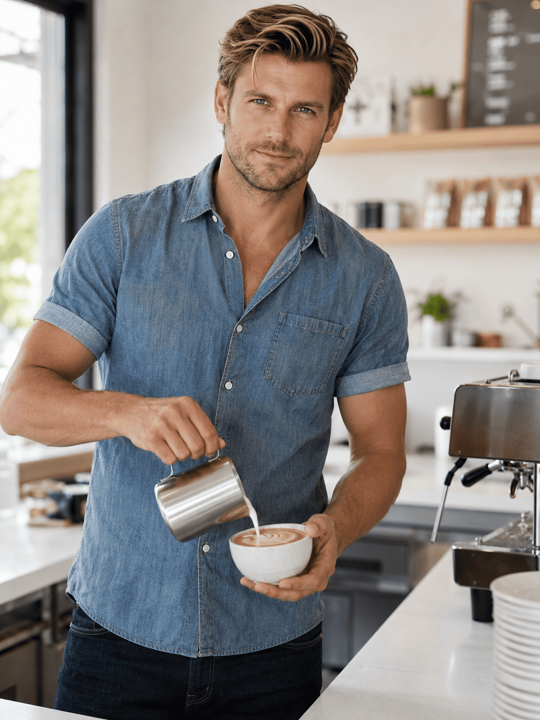 Barista gießt Latte Art an heller moderner Café-Theke, KI-generiertes Bild für Gastronomie und Cafés