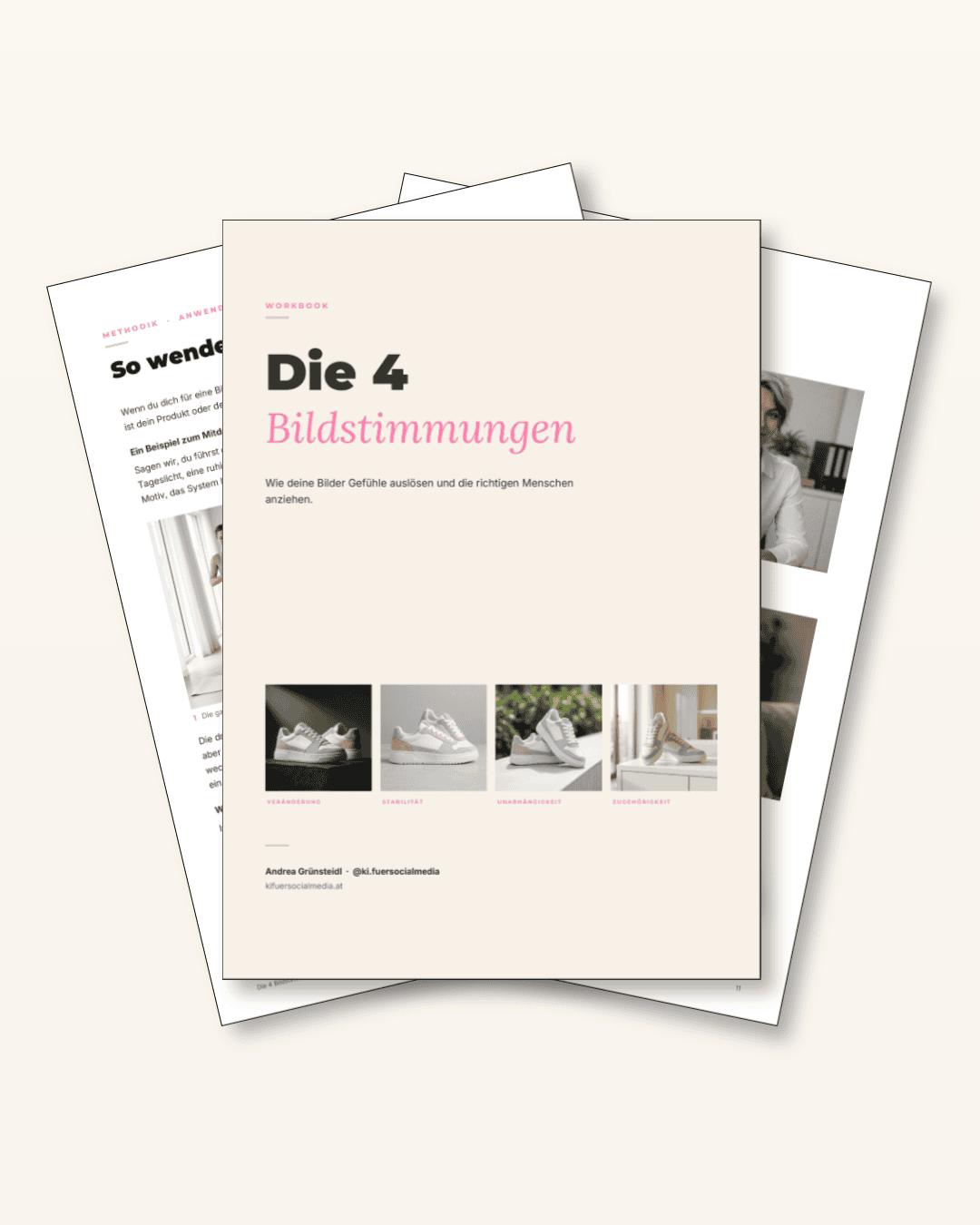 Workbook Die 4 Bildstimmungen von KI für Social Media, aufgefächerte Seiten auf warmem hellem Hintergrund