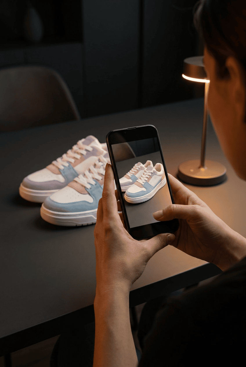 Hände fotografieren pastellfarbene Sneaker mit dem Smartphone auf dunklem Tisch