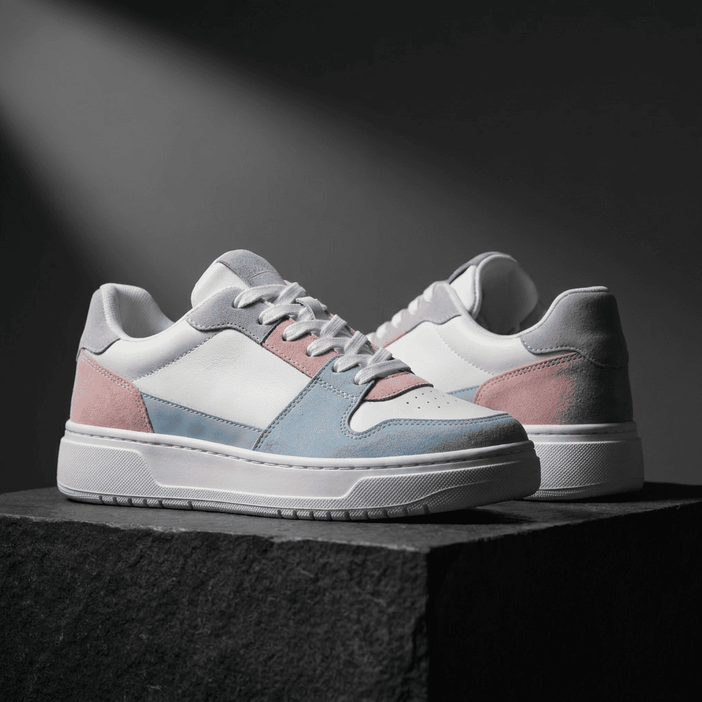 Pastellfarbene Sneaker auf dunklem Steinblock, dramatisch beleuchtet, Bildstimmung Veränderung
