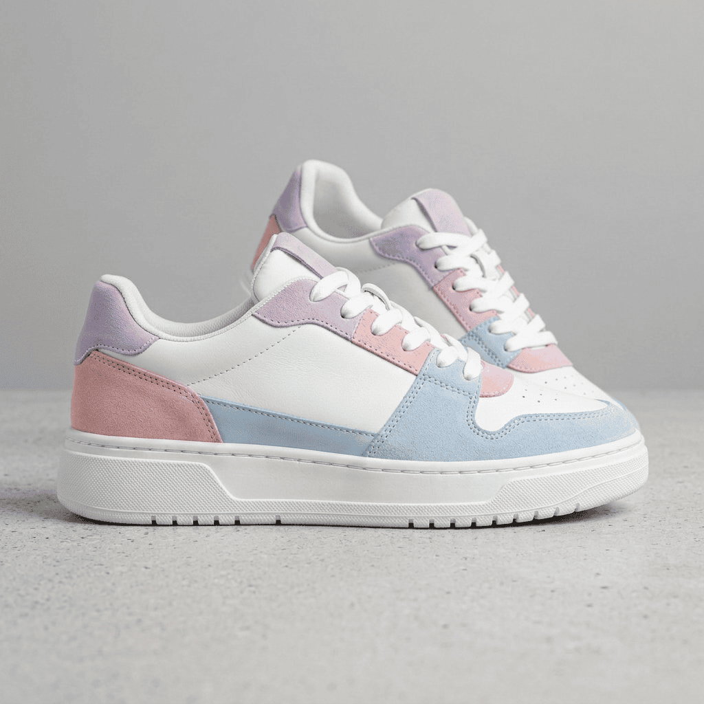 Pastellfarbene Sneaker auf hellem Beton im ruhigen Studio, Bildstimmung Stabilität