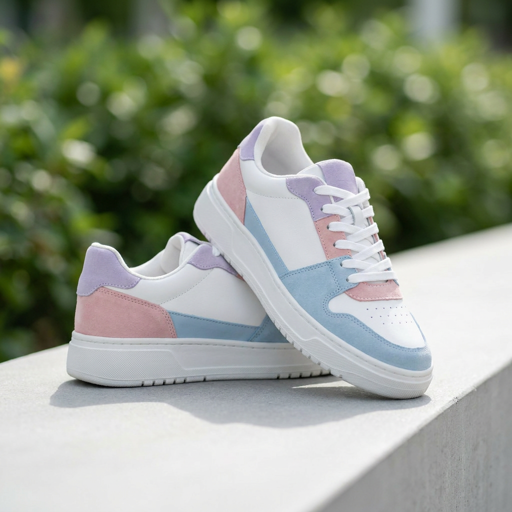 Pastellfarbene Sneaker auf hellem Beton im Freien bei Tageslicht, Bildstimmung Unabhängigkeit