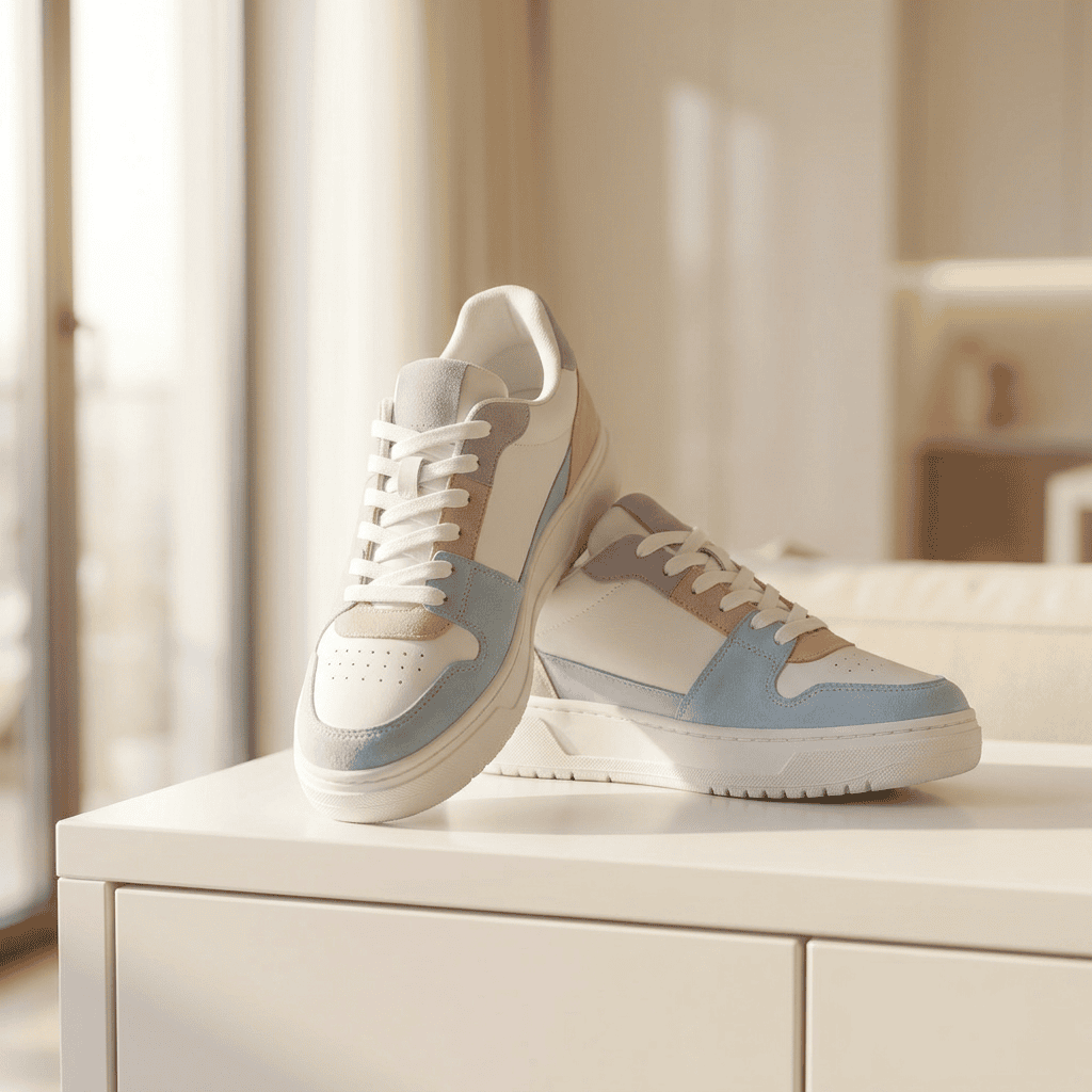 Pastellfarbene Sneaker auf weißem Sideboard im warmen Morgenlicht, Bildstimmung Zugehörigkeit